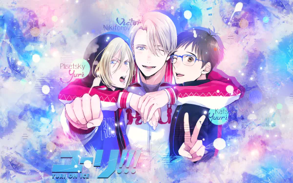 HD desktop wallpaper featuring anime characters Victor Nikiforov, Yuuri Katsuki, and Yuri Plisetsky from Yuri!!! on ICE against a vibrant, colorful background.