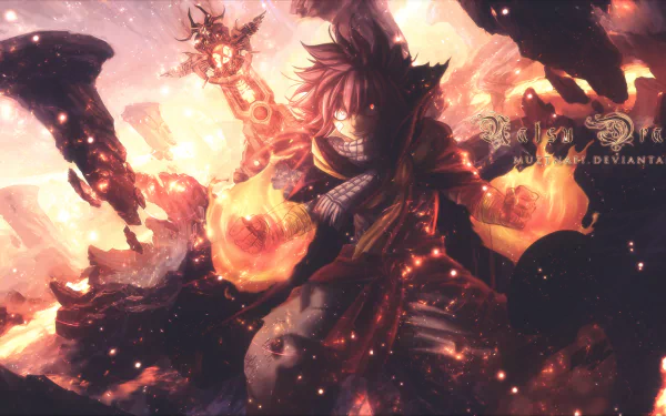 HD desktop wallpaper of an intense, fiery battle scene featuring a character from the anime Fairy Tail, surrounded by flames and destruction.
