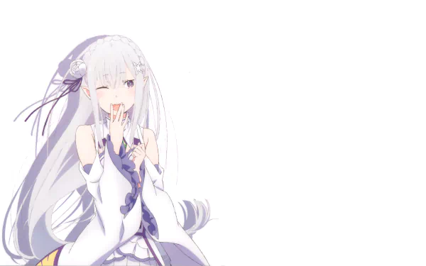 HD desktop wallpaper featuring Emilia from the anime Re:Zero - Starting Life in Another World, with a light background and a charming pose.