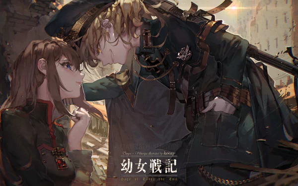 HD desktop wallpaper featuring Viktoriya Ivanovna Serebryakov and Tanya Degurechaff from the anime Youjo Senki. The characters are depicted in a dynamic, intense scene with a war-torn background.