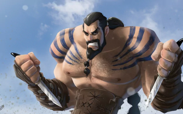 HD PC desktop wallpaper of Drogo (Game of Thrones): a muscular, tattooed warrior snarling as he brandishes two knives.