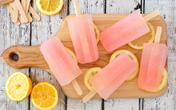 4K Ultra HD image of refreshing orange fruit ice cream popsicles arranged on a wooden board with orange slices on a rustic table background.