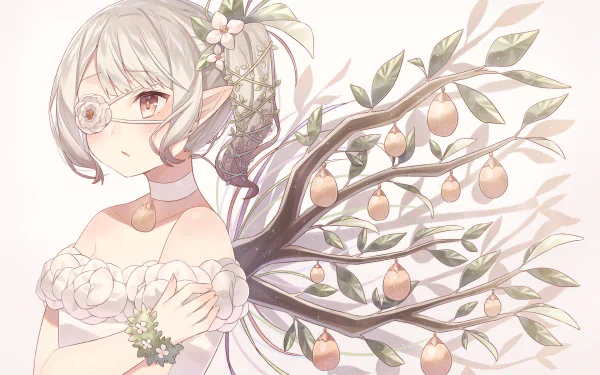 HD anime desktop wallpaper featuring a delicate anime girl with short silver hair, wearing a white dress, and wings resembling branches with hanging fruits and flowers.