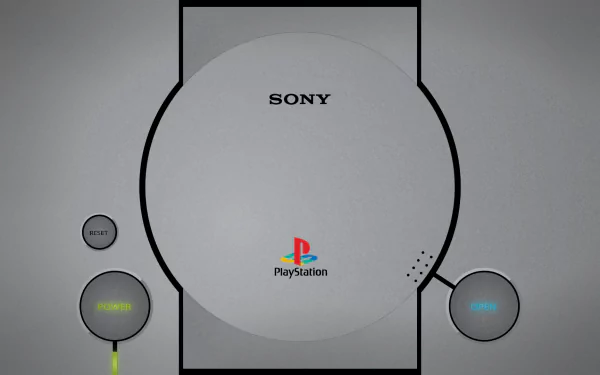 HD desktop wallpaper of the classic PlayStation console, featuring the iconic gray design with the Sony and PlayStation logos.