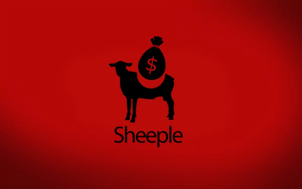 Funny sheeple graphic: black sheep silhouette carrying a money bag with a dollar sign on a red background — 4K Ultra HD PC desktop wallpaper/background, computer wallpaper.