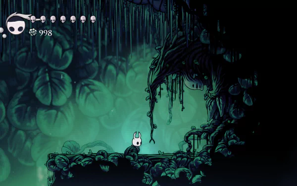 4K Ultra HD Hollow Knight video game wallpaper featuring the small bug-like character standing on an eerie, dark, and lush underground platform.