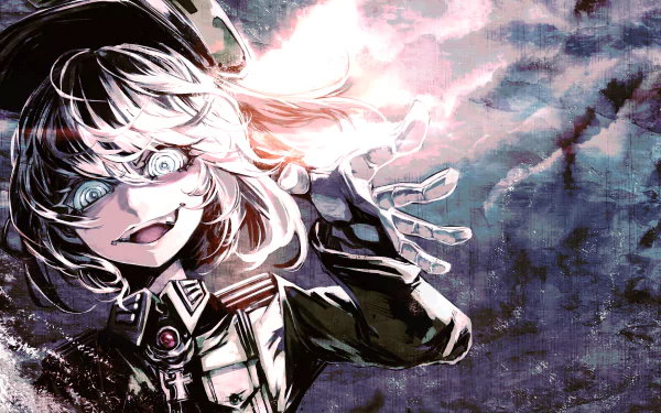 HD desktop wallpaper featuring Tanya Degurechaff from the anime Youjo Senki, showcasing her in a dynamic pose with an intense expression against a stormy background.