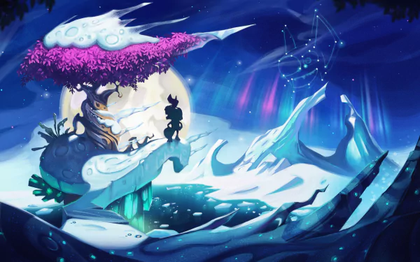 5K Ultra HD PC wallpaper of Yooka-Laylee silhouetted on a snowy cliff beneath a pink-leaved tree, full moon and vibrant aurora borealis lighting ice formations.