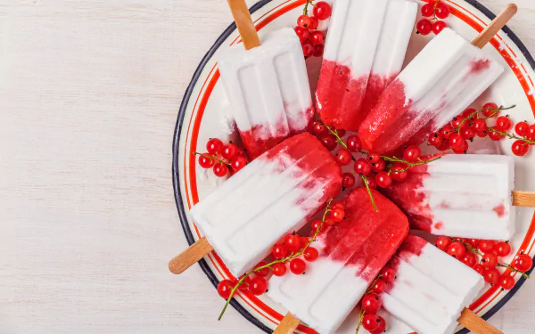 Bright 4K Ultra HD wallpaper showing creamy ice cream popsicles with red currants arranged on a white plate with red and blue stripes.