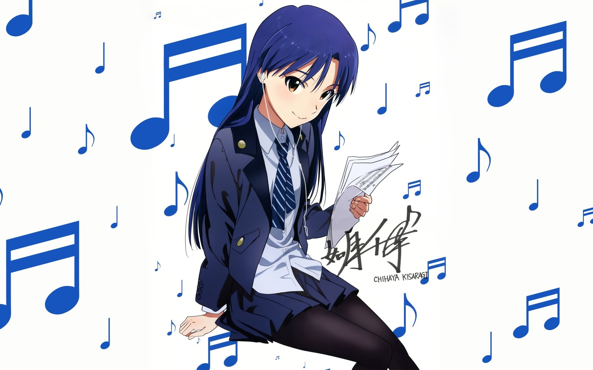 HD PC desktop wallpaper featuring Chihaya Kisaragi from The iDOLM@STER anime, surrounded by blue musical notes on a white background.