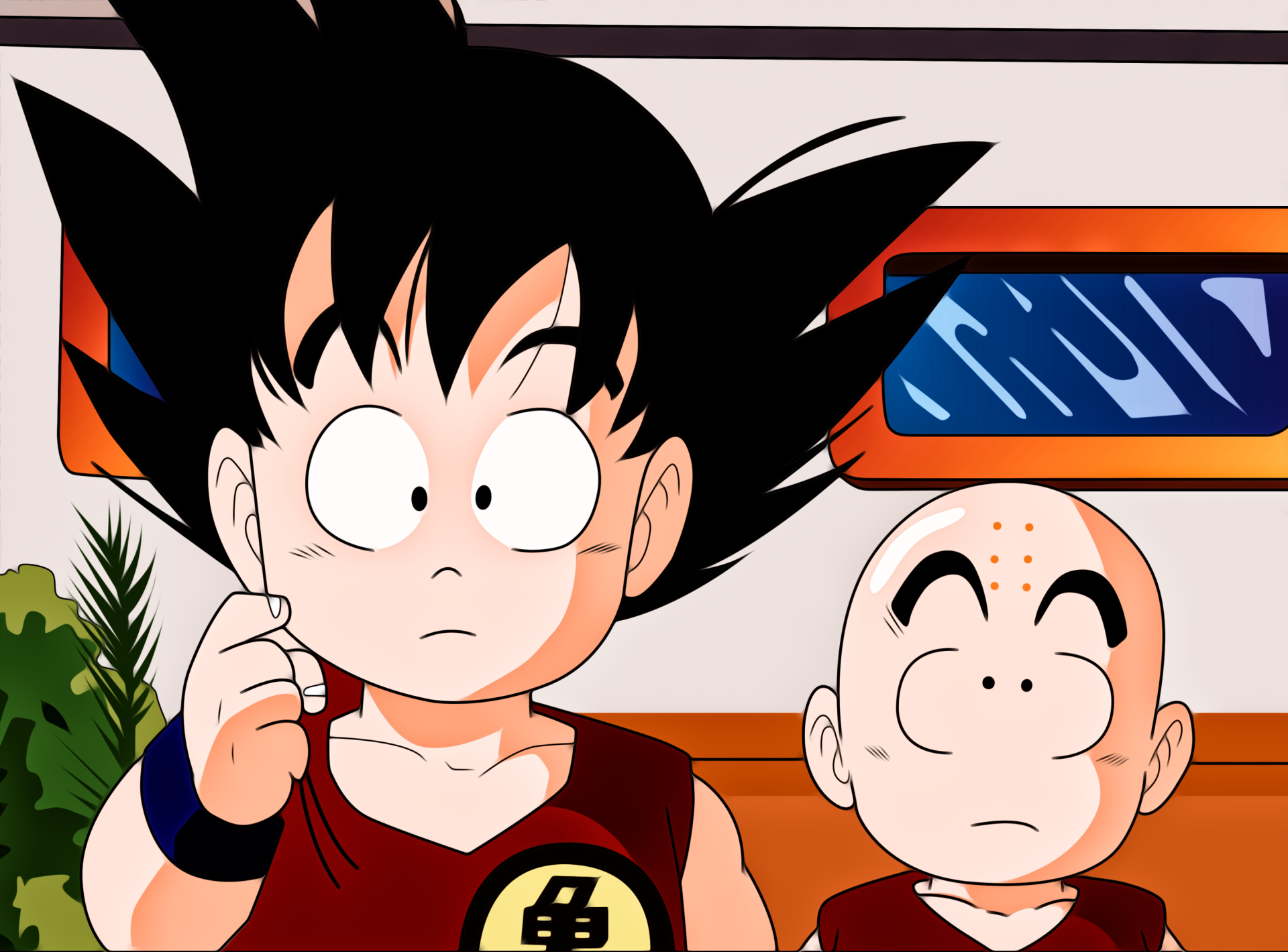 HD PC desktop wallpaper featuring Krillin and Goku from the anime Dragon Ball, showcasing their distinctive expressions in a vibrant scene.