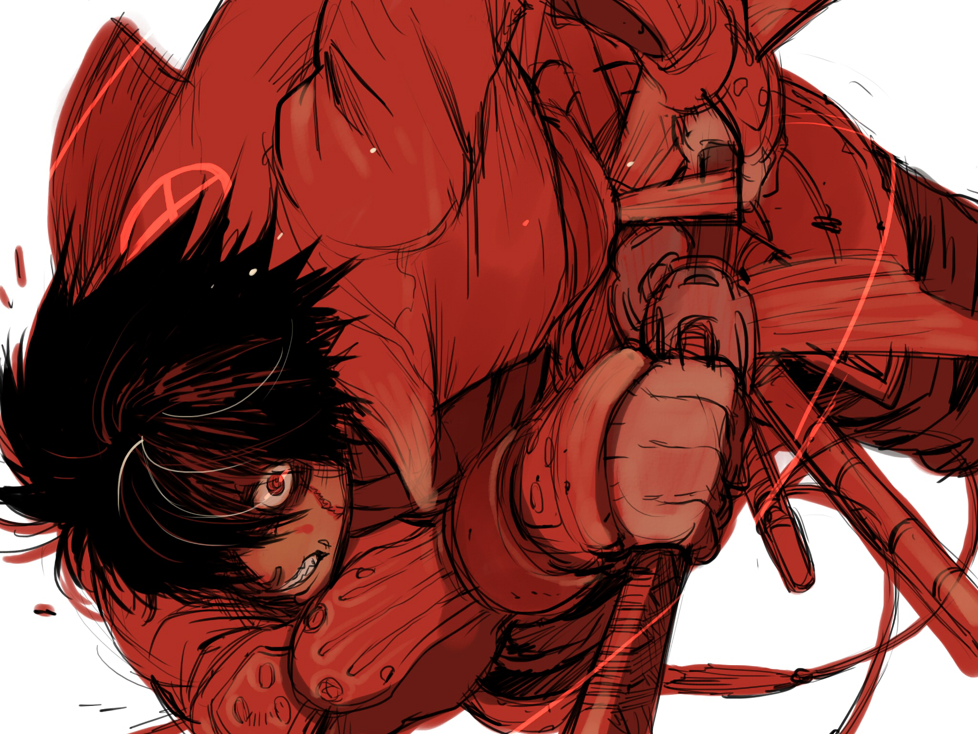 Anime Drifters HD PC desktop wallpaper: red-tinted close-up of a dark-haired, red-eyed warrior in a dynamic midair pose, gripping blades and harness with an intense expression.