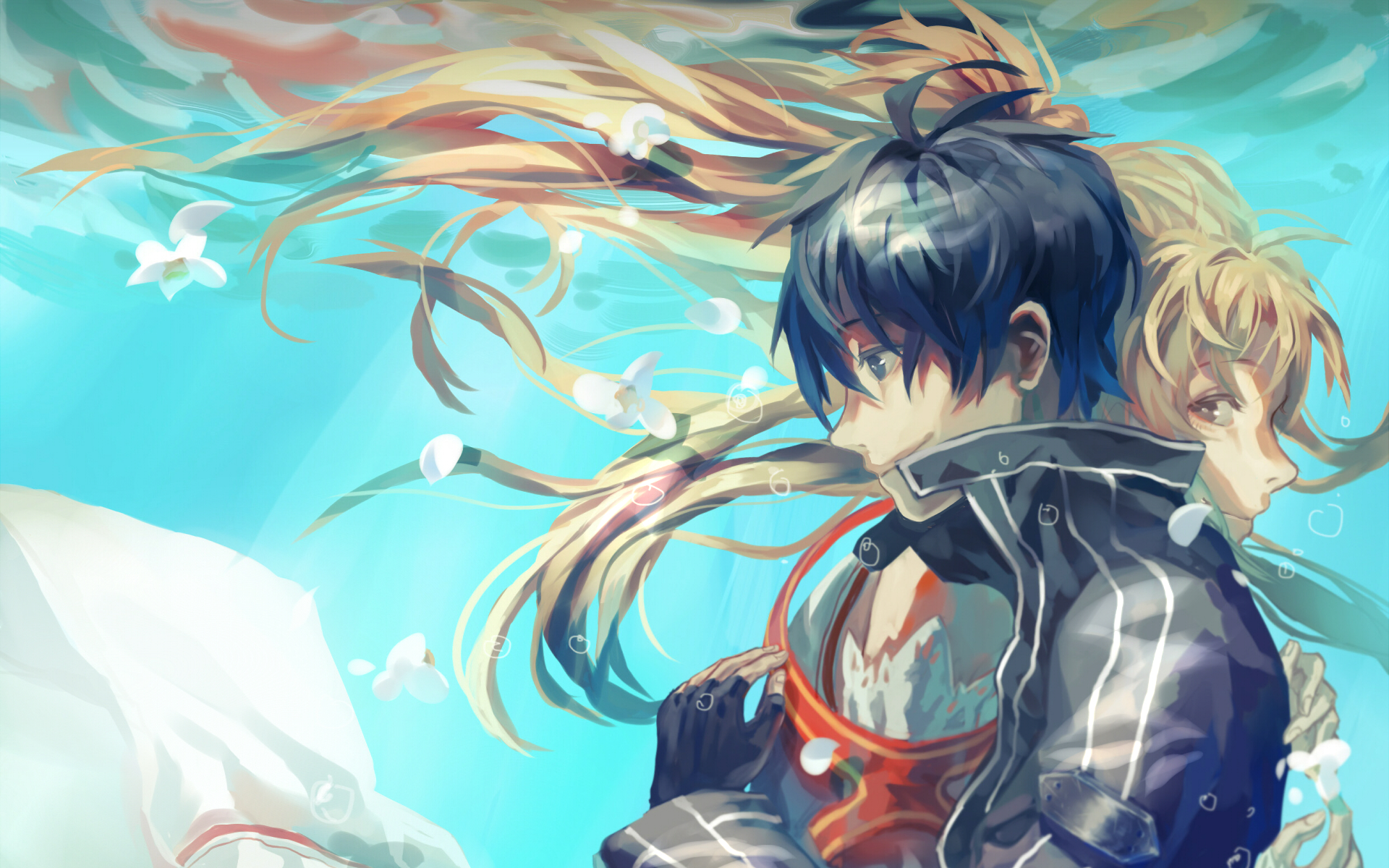 HD PC desktop wallpaper featuring two characters from the anime Sword Art Online, set against a bright sky with seagulls and dynamic flowing elements.