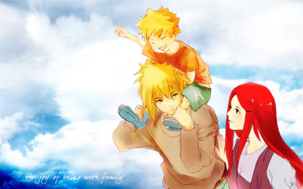 HD anime desktop wallpaper featuring Minato Namikaze carrying Naruto Uzumaki on his shoulders, with Kushina Uzumaki watching, set against a bright blue sky.