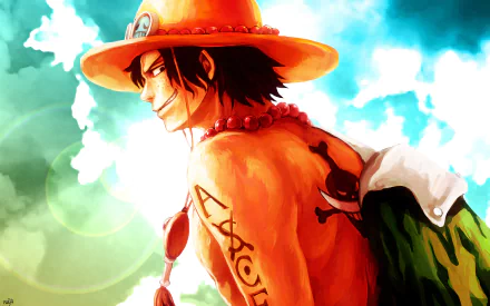 HD anime desktop wallpaper featuring Portgas D. Ace from One Piece, showcasing his iconic hat, fiery gaze, and detailed tattoo against a bright sky background.