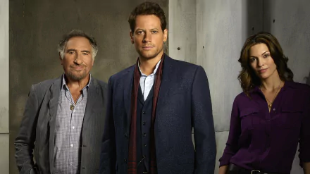 Three characters from the TV show Forever stand against a concrete wall, framed for an HD PC desktop wallpaper and background.