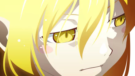 HD desktop wallpaper featuring Shinobu Oshino from the anime series Bakemonogatari, showcasing her distinctive yellow eyes and blonde hair.