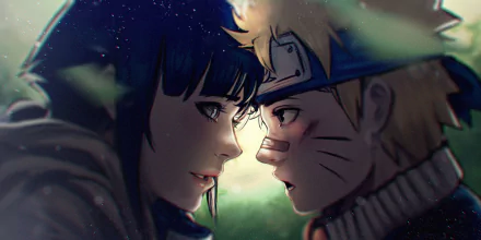 HD wallpaper of anime characters Naruto Uzumaki and Hinata Hyuga from Naruto, featuring a close-up, tender moment between them with a soft, glowing background.