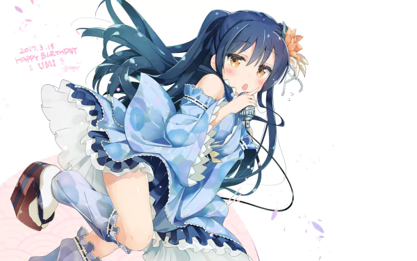 HD PC desktop wallpaper/background of Umi Sonoda (Love Live!) — anime girl in a frilly blue dress with a flower hairpiece, kneeling with flowing dark blue hair on a pale background.
