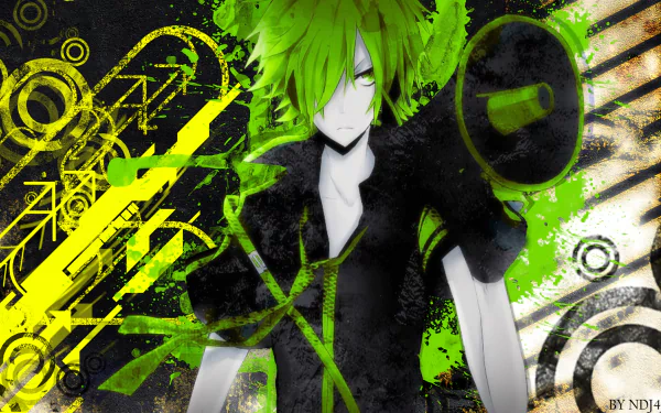 HD PC desktop anime wallpaper of Hatsune Mikuo (Vocaloid) from Love is War — green-haired, black-clad figure with megaphone over grungy neon-green and yellow abstract graphics.