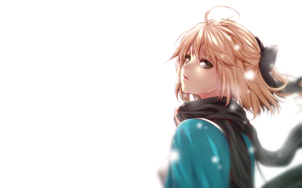 HD PC desktop wallpaper featuring an anime character from Fate/KOHA-ACE with light brown hair and a blue outfit against a white background.