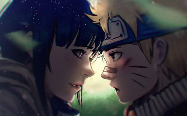 HD wallpaper of anime characters Naruto Uzumaki and Hinata Hyuga from Naruto, featuring a close-up, tender moment between them with a soft, glowing background.