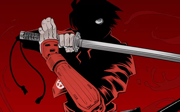 HD anime desktop wallpaper featuring a dark, intense samurai character from Drifters gripping a katana against a red background.