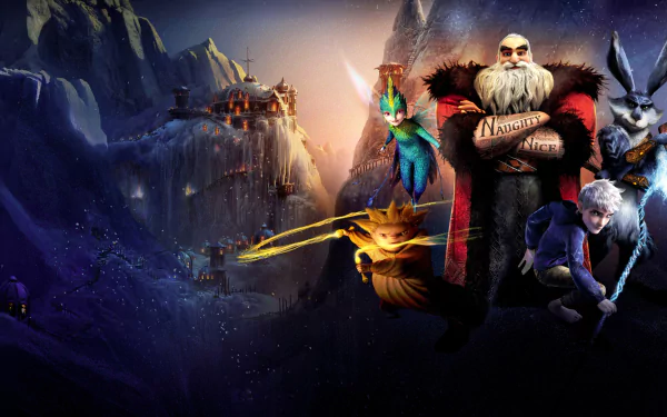 HD PC desktop wallpaper from the movie Rise of the Guardians: North, Jack Frost, Tooth Fairy, Bunnymund and Sandman stand on a snowy cliff beneath an aurora-filled night sky and distant fortress.