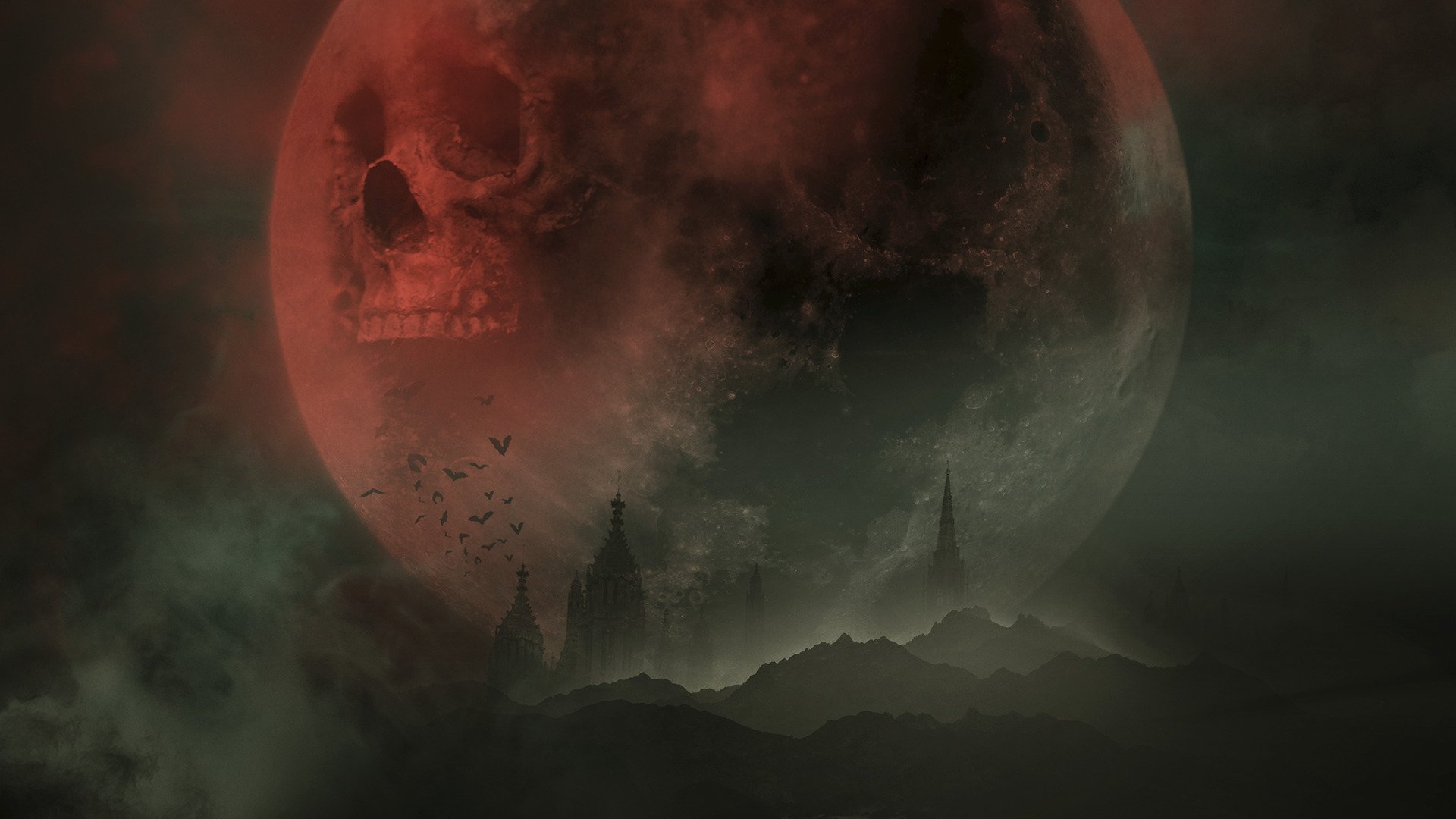 Dark, misty landscape with eerie towers beneath a large red moon featuring a skull shape, from the movie Seventh Son, in HD desktop wallpaper quality.