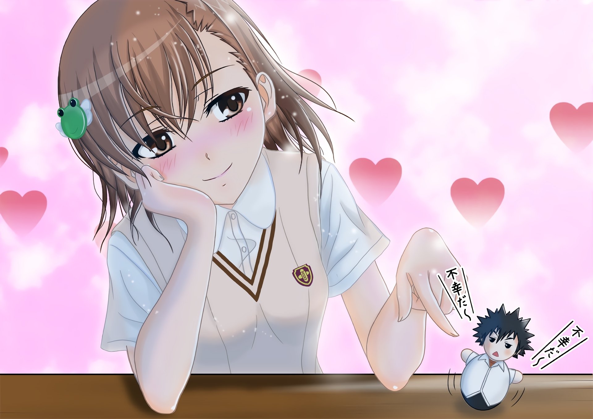 Anime HD wallpaper featuring Mikoto Misaka in a school uniform with short brown hair and eyes, holding a small Kamijou Touma figure, set against a pink heart background.