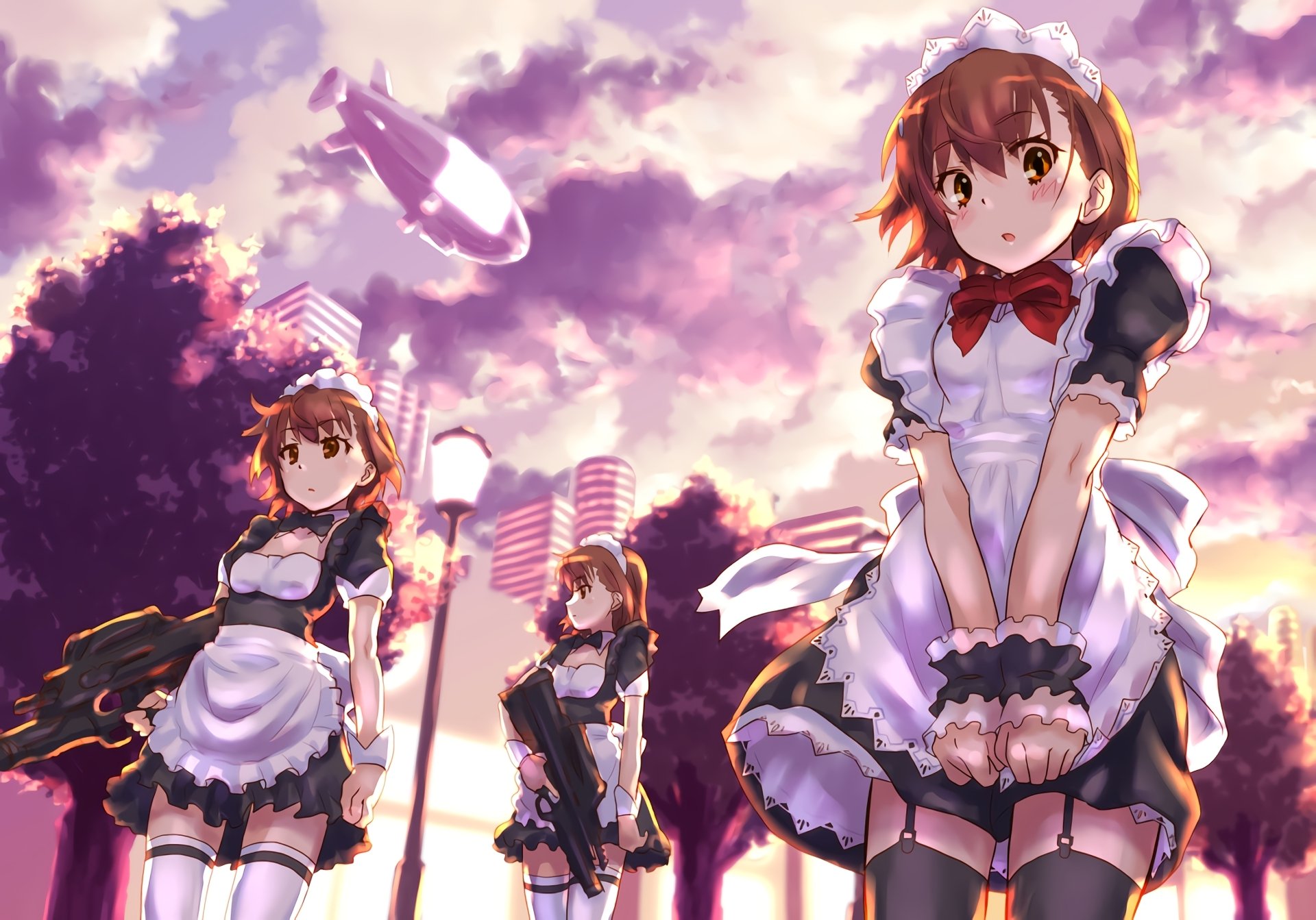 HD PC desktop wallpaper featuring Sisters from A Certain Scientific Railgun, including Mikoto Misaka, set against a vibrant sunset sky in an anime style.