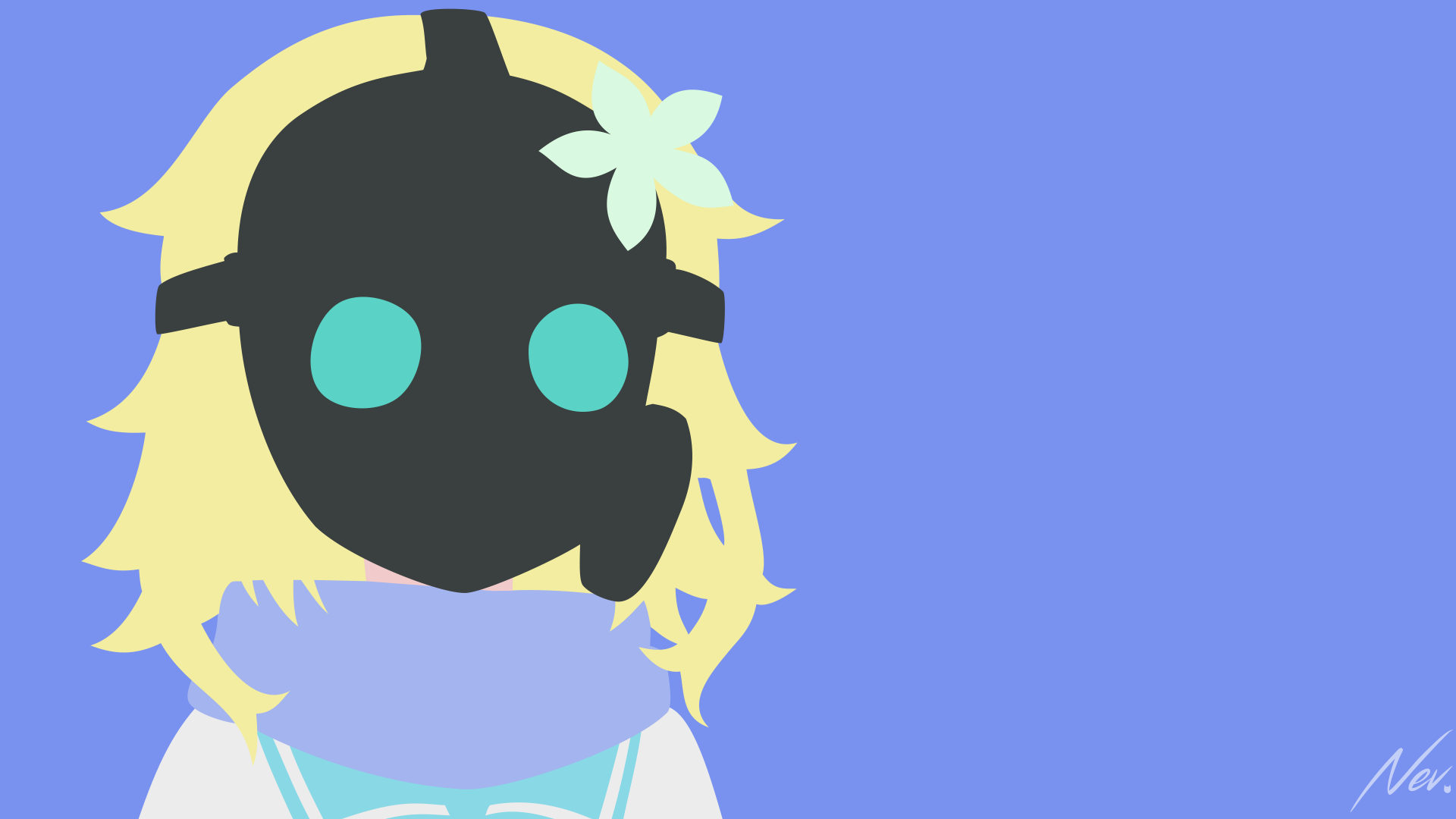 Tapris Sugarbell Chisaki (Gabriel DropOut anime) 4K Ultra HD PC wallpaper: stylized portrait with dark mask-like face and teal eyes, blonde hair with white flower, pastel blue background.