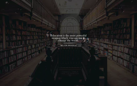 4K desktop wallpaper of a dim grand library with rows of books and a centered inspirational quote about education attributed to a renowned statesman.