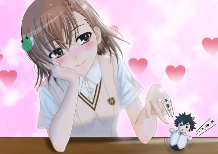 Anime HD wallpaper featuring Mikoto Misaka in a school uniform with short brown hair and eyes, holding a small Kamijou Touma figure, set against a pink heart background.