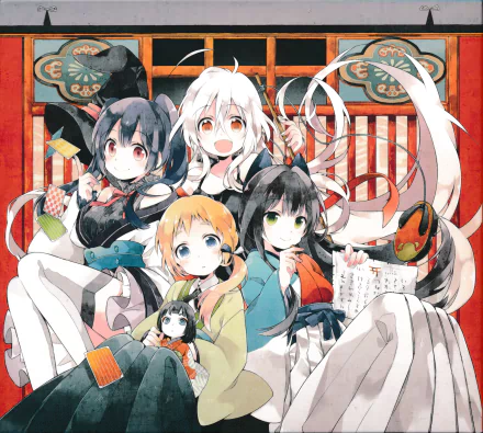 HD PC desktop wallpaper featuring Chiya, Nono Natsume, Kon Tatsumi, and Koume Yukimi from the anime Urara Meirochō in a vibrant, detailed anime style.