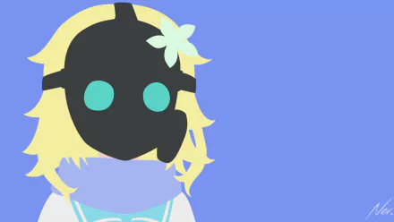 Tapris Sugarbell Chisaki (Gabriel DropOut anime) 4K Ultra HD PC wallpaper: stylized portrait with dark mask-like face and teal eyes, blonde hair with white flower, pastel blue background.