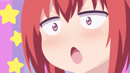 Close-up of Satanichia Kurumizawa McDowell from the anime Gabriel DropOut, featured in an HD PC desktop wallpaper with a pink background and yellow star accents.