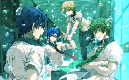 HD desktop wallpaper featuring Makoto Tachibana, Rei Ryūgazaki, Haruka Nanase, and Nagisa Hazuki from the anime Free! in an underwater setting, surrounded by bubbles.