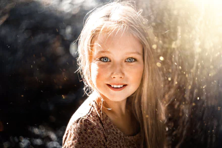A smiling blonde child with bright blue eyes illuminated by warm sunlight, captured in a high-definition photography portrait.