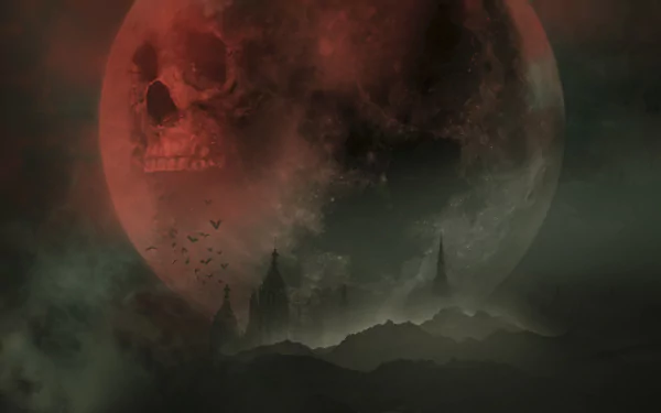 Dark, misty landscape with eerie towers beneath a large red moon featuring a skull shape, from the movie Seventh Son, in HD desktop wallpaper quality.