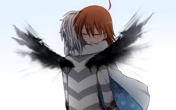 HD anime desktop wallpaper featuring Accelerator and Last Order from A Certain Magical Index, showcasing a close embrace with dark, artistic wing-like effects.