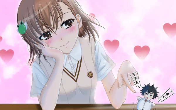 Anime HD wallpaper featuring Mikoto Misaka in a school uniform with short brown hair and eyes, holding a small Kamijou Touma figure, set against a pink heart background.