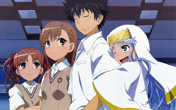 HD anime wallpaper featuring school uniform-clad Kuroko Shirai, Mikoto Misaka, Kamijou Touma, and Index Librorum Prohibitorum characters from A Certain Magical Index.