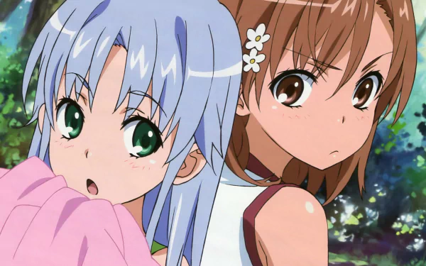 HD anime wallpaper featuring Mikoto Misaka and Index Librorum Prohibitorum from A Certain Magical Index series in a vibrant outdoor setting.