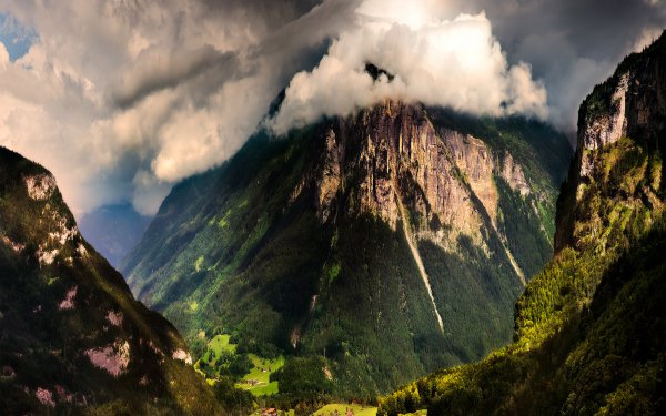 Man Made Village Mountain Landscape Valley Fog Cloud Switzerland HD Wallpaper | Background Image