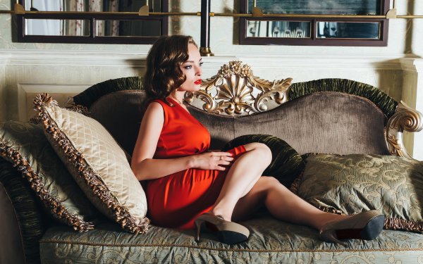 Women Model Sofa Lipstick Red Dress Brunette HD Wallpaper | Background Image