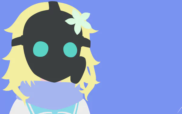 Tapris Sugarbell Chisaki (Gabriel DropOut anime) 4K Ultra HD PC wallpaper: stylized portrait with dark mask-like face and teal eyes, blonde hair with white flower, pastel blue background.