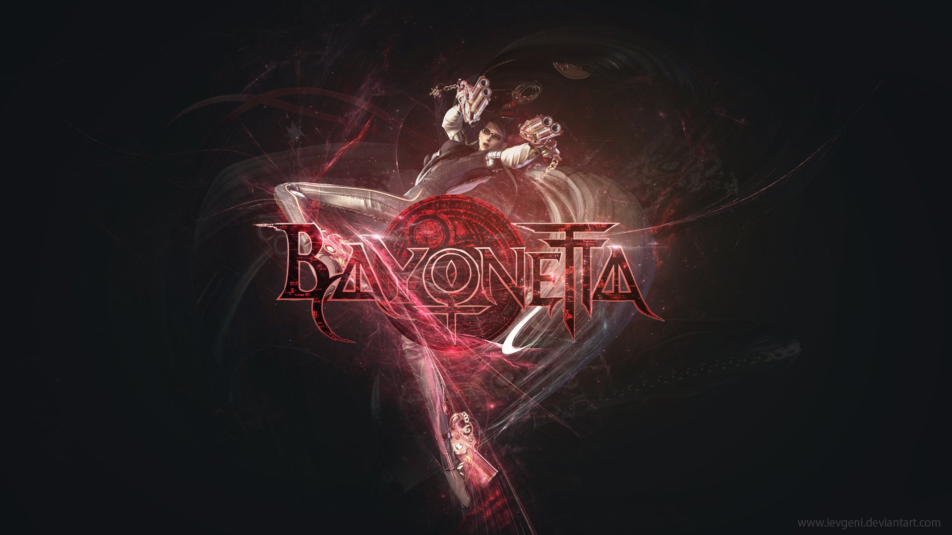 HD PC desktop wallpaper of Bayonetta (video game character) with a dark background, glowing red sigil, the stylized Bayonetta logo and the witch poised in a dynamic airborne stance.