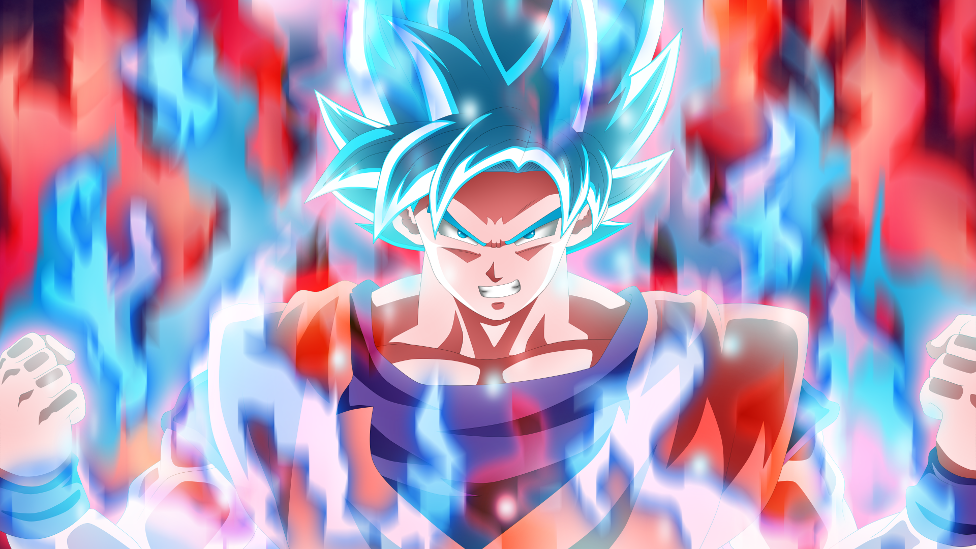 HD desktop wallpaper featuring Goku from Dragon Ball Super, showcasing him in a powerful stance surrounded by blue and red flames.