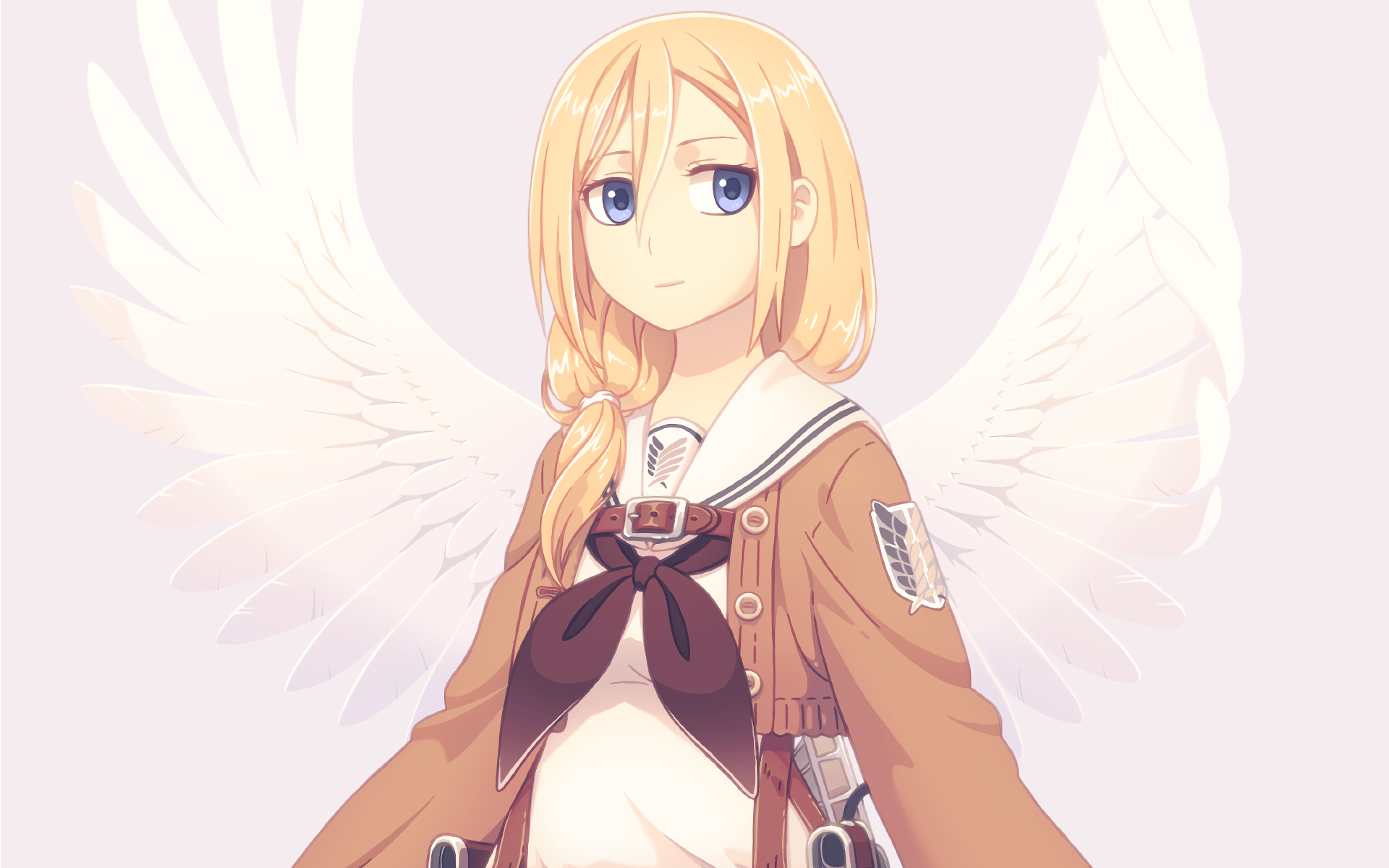 HD PC desktop wallpaper featuring Historia Reiss from Attack on Titan anime, depicted with angelic white wings and her Survey Corps uniform.